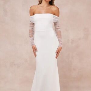 Beautifully Beloved White Mesh Off-the-Shoulder Maxi Dress